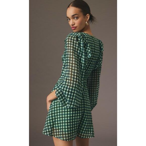 Anthropologie Hutch Long Sleeve Deep-V Romper Jumpsuit XS Green Check Pockets - Picture 4 of 9